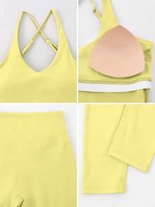 NcmRyu 1套性感吊带背心和紧身裤运动套装 - 黃色 - 查看 4