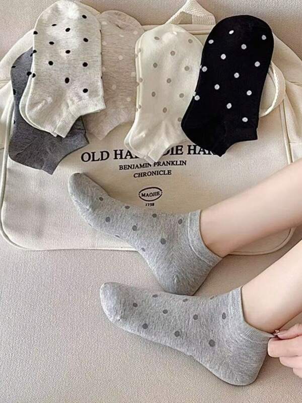 4/5 Paar Damen Crew Socken, Stoff Design Polka Punkt Knöchelsocken, geeignet für alle Jahreszeiten, zufällige Farbe