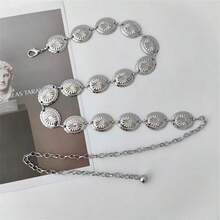 1 件女士银色椭圆形合金超长腰链，高端金属链腰带，适合连衣裙、西装、中国传统服装，时尚百搭