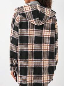 Plaid Pocket Front Button Casual Hooded Jacket For Women