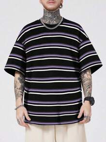 Plus Size Men's Casual Colorblock Striped T-Shirt, Summer
