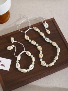 ZIRUISP Conjunto de collar y pulsera de verano con conchas luminosas naturales para mujer, con cadena de cuerda trenzada, ajustable, de estilo bohemio, como regalo para usar en la playa, vacaciones o uso diario