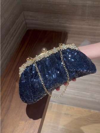 Navy Blue Sequin Clutch Bag, Formal Evening Party Purse For Women, Bridal/Wedding/Cocktail Party Handbag