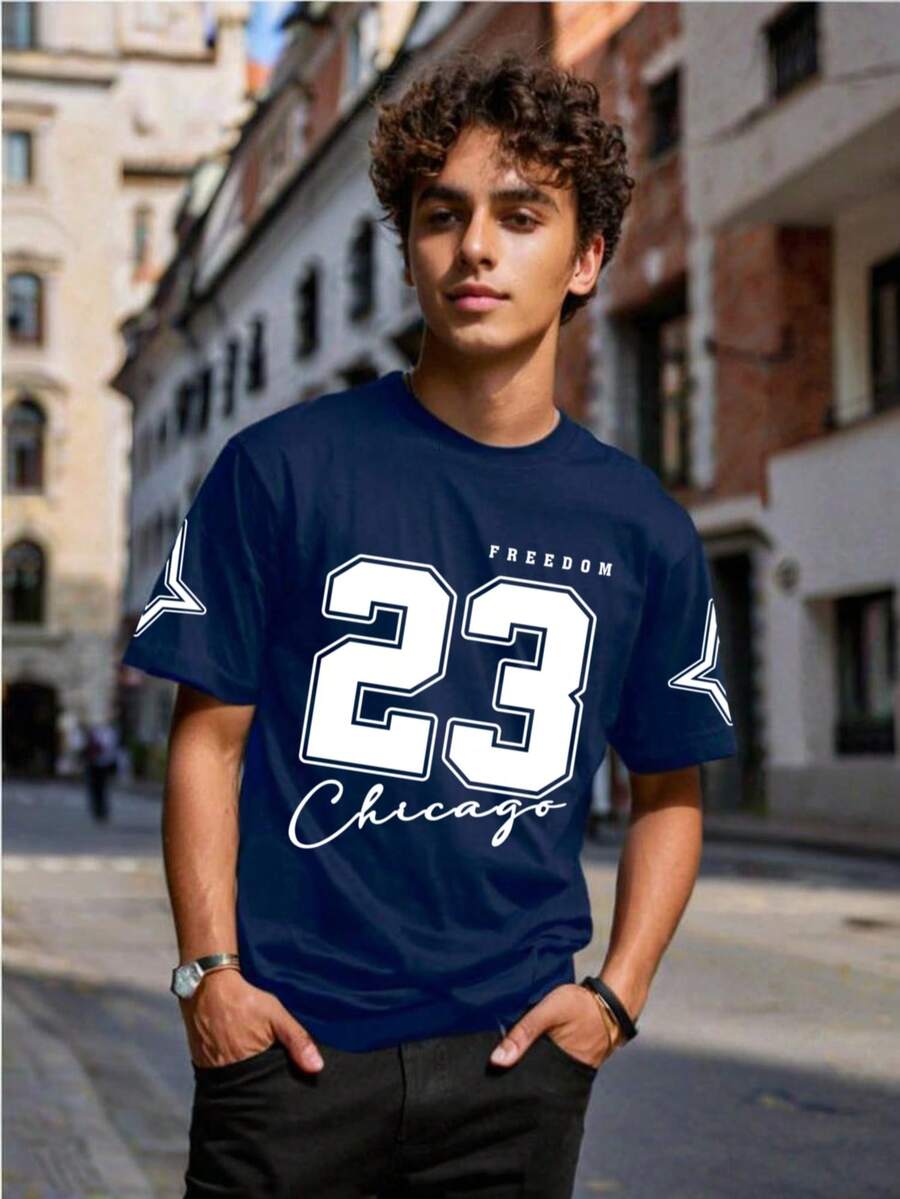Teen Boys' Sports Number 23 English Graphic Casual Round Neck Short Sleeve T-Shirt, Suitable For Street, Outdoor, Campus, Daily Versatile & Comfortable Wear - Royal Blue - View 1