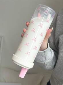 1pc Cute Pink Bow Water Bottle, Reusable With Lid And Straw Cup, Travel And Outdoor Cup, Gym And Sports Bottle, Flat Bottomed Cup, Car Cup, Holiday Gift