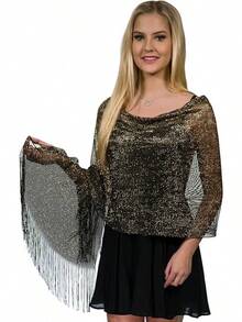 Metallic Glitter Shawl Wrap For Evening Dresses And Weddings - 黑色/金色 - 查看 11