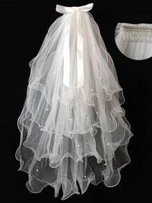 1 Stück luxuriöser 4-stufiger Hochzeitschleier mit Kunstperlen, exquisites Schleifen-Design, geeignet für Hochzeiten, Fotostudios, exklusive Galas