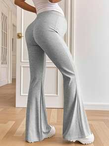 Pantalones de campana de cintura alta elástica de unicolor para mujer, pantalones de maternidad negros - Gris - Ver 3