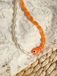 Collar de estilo bohemio con cuentas pintadas a mano con diseño de estrella de mar, cadena de la clavícula de pez payaso de cerámica naranja con lunares