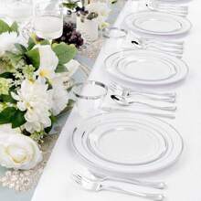 2/5/10/20/30/40/50 buc/set farfurii albe cu margine argintie, potrivite pentru familie, exterior, nuntă, petrecere acasă, reutilizabile, veselă pentru evenimente de vară, utilizare multiplă, rechizite școlare