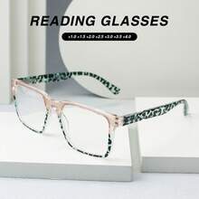 1 件装矩形拼色老花镜，豹纹印花，舒适弹簧铰链，时尚老花镜，男女皆宜