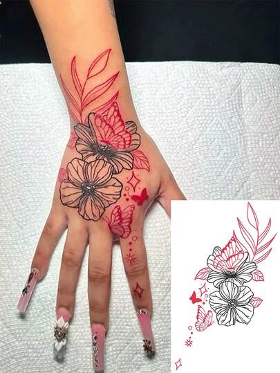 1 Stück waschbare temporäre Tattoos, Y2K Stil rotes Blatt & Blumen Hand Tattoo Aufkleber, wasserdicht und schweißfest, geeignet für den täglichen Gebrauch