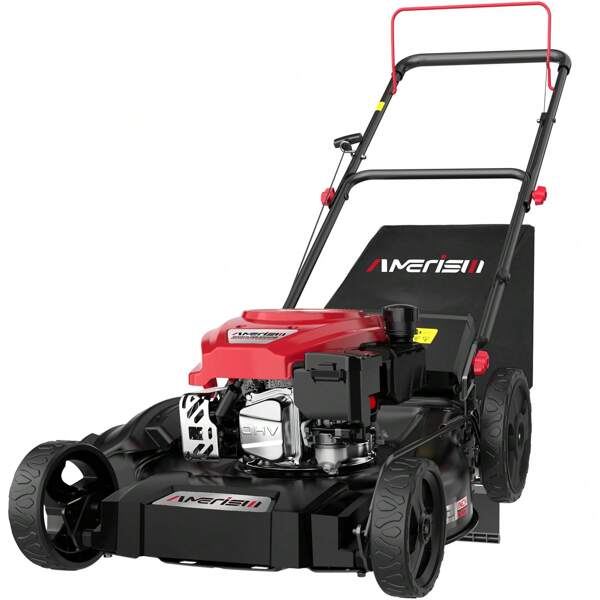 21" Gas Push Lawn Mower, Steel Deck, 144cc 4-Stroke OHV Engine With Forced Air Cooling, 3-In-1 Cutting, 6 Height Adjustments, 1.4-Bushel Grass Catcher, Large Wheels For Easy