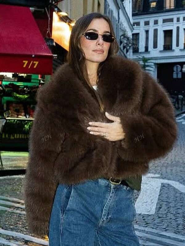 Femeii Vintage solid blană artificială haină de iarnă caldă cu mânecă lungă rever guler casual haină de exterior