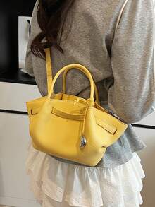(With Accessory Pendant) Korean Fashion Multifunctional Girl/Lady Office Bag, Women Handbag, Korean INS Style, New Simple Minimalist Tote Bag, Large Capacity, Adjustable Strap, Zipper Closure, Casual Versatile Shoulder/Crossbody Bag, Suitable For Party, Work, Shopping, Campus, Gift For Girlfriend - Yellow - View 7