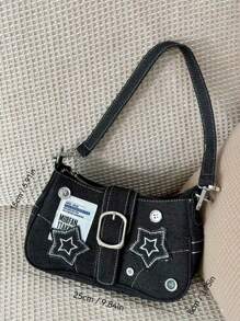 Woman 2025 New Star & Denim Handbag - Shoulder Underarm Bag, Vintage Button Decor, Chain Crossbody Bag