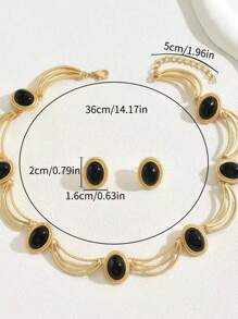 2pcs/Set Vintage Style Black Oval Necklace & Earrings Set, High-End Elegant For Women