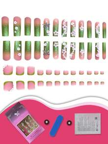 48 件套中号棺材钉方形脚趾甲，粉绿渐变，带有 3D 花卉和蜻蜓闪光装饰，易于按压应用，舒适贴合，持久光泽，包括果冻胶和锉刀，非常适合女性派对、庆祝活动和日常佩戴美甲用品 - 綠色 - 查看 5