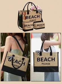 Set de 3 piezas que incluye: bolso de tela de lino con bloques de color, bolso cosmético y bolso cuadrado, serie "Playa", con gran capacidad. La correa para el hombro se puede quitar según la preferencia personal. Incluye un bolso de almacenamiento de cosméticos y un pequeño bolso cuadrado con cremallera que se puede usar como neceser, monedero o estuche de lápices.