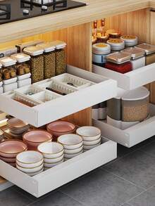 CASEGRACE 1 Peça Organizador Retrátil De Aço Inoxidável, Suporte De Puxar E Desenhar Armário, Cesta De Armazenamento E Puxar Em Aço Carbono Para Cozinha, Suporte De Tempero Em Camadas, Bandeja De Prato Em Gaveta Sob Caixa De Armazenamento De Pia, Suprimentos De Cozinha