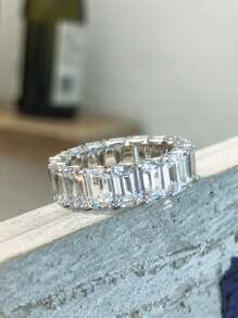XUJIA 1pc All-Around With Emerald Cut Infinite Elements Cubic Zirconia 6x4mm Full Eternity Band For Women 925 Sterling Silver CZ Gorgeous Anniversary Wedding Band Women Jewelry Gift Engagement Bridal Jewelry