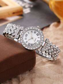 6 pièces/set Montre à quartz élégante pour femmes avec bracelet, boucles d'oreilles, collier et bague assortis aux multiples diamants et motif d'écailles romaines. Convient pour une utilisation quotidienne.