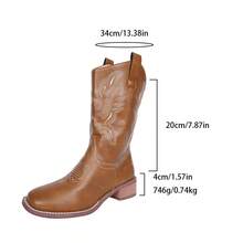 1 双复古刺绣经典棕色西部牛仔靴，一脚蹬中筒方头高跟西部靴，适合青少年 - 棕色 - 查看 9