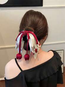 Ellevyn 1个/2个复古优雅新款中国风布艺玫瑰花印花蝴蝶结发夹，郁金香花苞马尾辫，半扎发造型装饰发饰，适合约会、海滩度假、连衣裙、日常出行，波西米亚风优雅复古时尚爪夹夏季 - 彩色 - 查看 2