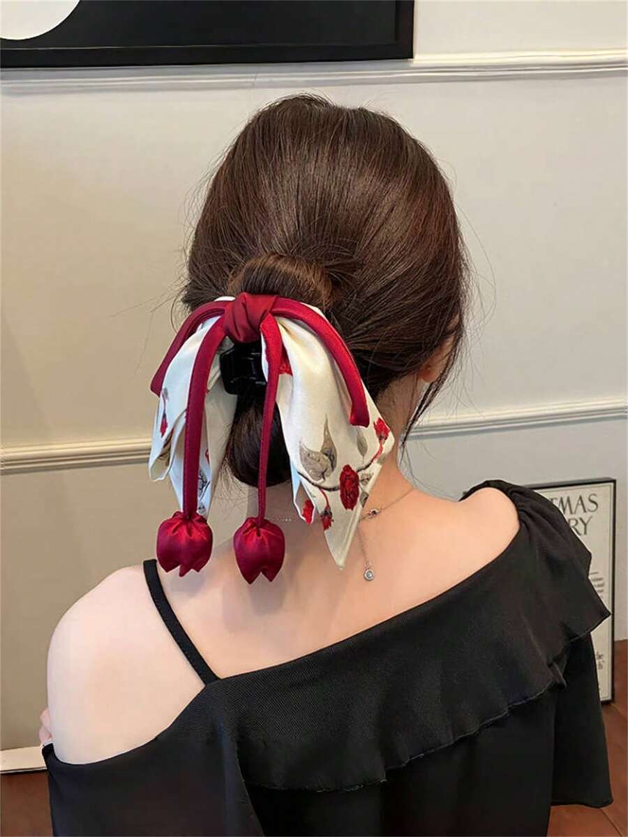 Ellevyn 1个/2个复古优雅新款中国风布艺玫瑰花印花蝴蝶结发夹，郁金香花苞马尾辫，半扎发造型装饰发饰，适合约会、海滩度假、连衣裙、日常出行，波西米亚风优雅复古时尚爪夹夏季