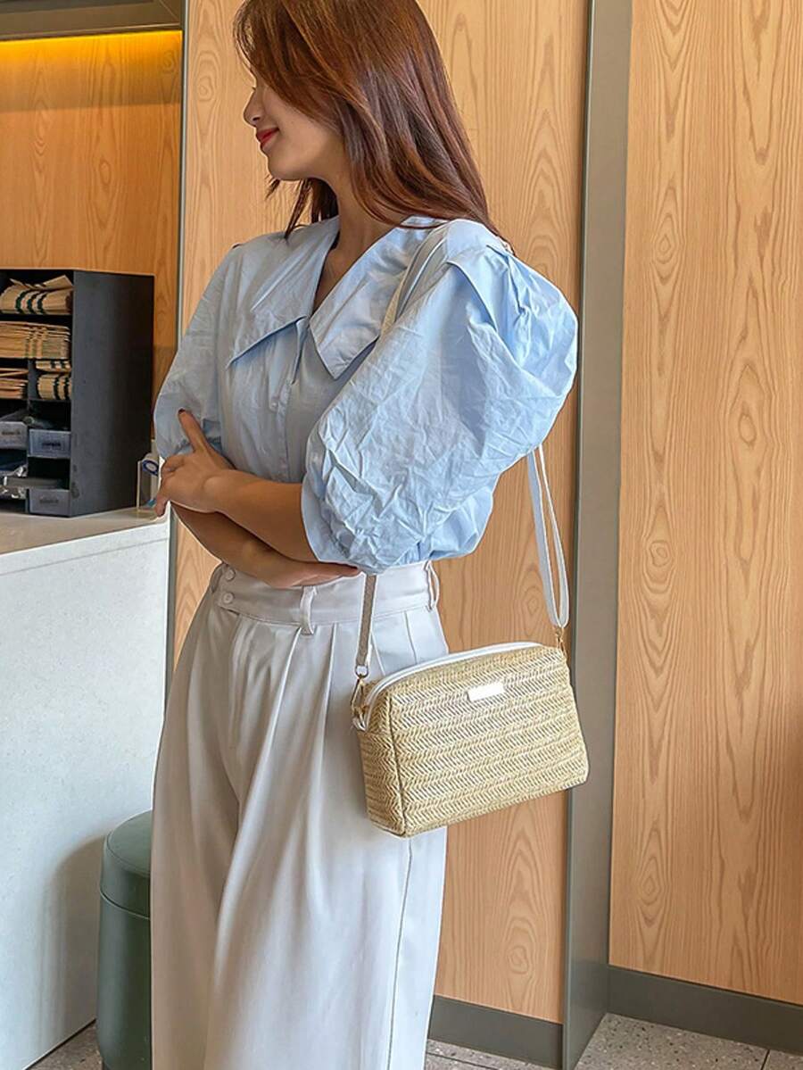 编织迷你方形斜挎包，女士休闲单肩包，街头时尚，夏季假日必备小包，可装手机、口红、钱包，适合派对和聚会（手工编织，可能与图片略有不同）