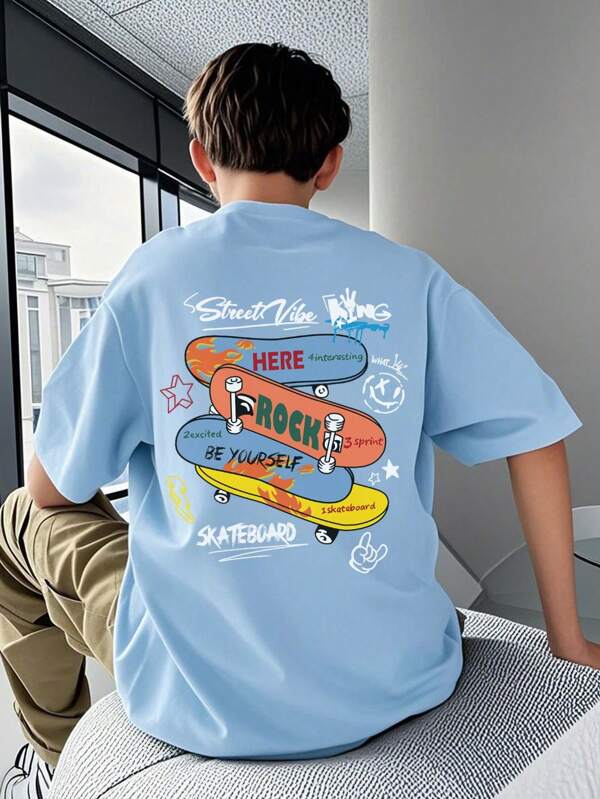 1pc Tween Boy Skateboard Print Light Blue Short Sleeve T-Shirt, Suitable For Young Students, Summer Top For Big Kids