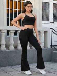 Pantalon de yoga à taille haute et évasé avec poches pour femmes - Leggings sculptants avec contrôle du ventre pour la gym, l'entraînement, le port quotidien et les voyages extérieurs (Taille confortable avec stretch doux)