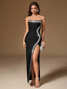 Bernatova 女士性感露肩露背重工钻石水晶大腿开叉超长绷带连衣裙优雅派对 - 黑色 - 查看 1