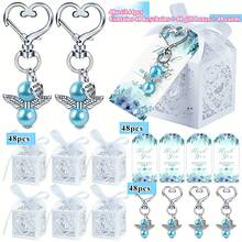 Zestaw upominkowy na chrzest 48 szt./144 szt./24 szt./72 szt., brelok z aniołem stróżem w pudełku prezentowym, w tym 48 uroczych breloków z aniołami, 48 pudełek prezentowych i 48 kartek z podziękowaniami, kryształowy wiszący brelok, odpowiedni na chrzest, wieczór panieński, wesele, przyjęcie urodzinowe - niebieski/różowy - Wielokolorowe - Zobacz 18