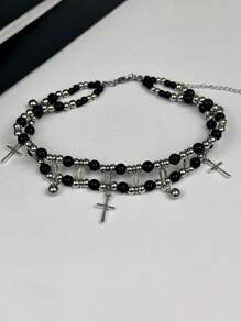 1 pièce Collier ras-du-cou style gothique avec croix à plusieurs couches et perles, en alliage, multicolore, convient pour les fêtes, les dîners, les anniversaires, les cadeaux de vacances