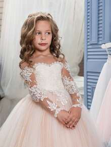 Girls' Train Wedding Dress Pompadour Dress Piano Performance Flower Child Dress Long Sleeve Princess Dress Children's Train Dress - Hồng - Xem 3