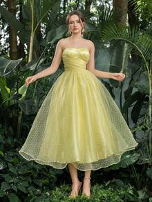 Faeriesty Prom Dresses Solid Strapless Swiss Dot Tulle Prom Homecoming Dress Perfect For Back To School, Gathering, Dance & Cocktail Events - Yellow - View 1