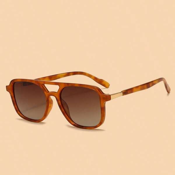 Summer New Couple Fashion Glasses, Square Double-Bridge Aviator Glasses, Leopard Print Fashion Eyewear, For Men And Women Driving, Fishing, Streetstyle, Party, Family Outing Accessory Back To School Fashionable Preppy School Look