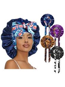 4 confezioni di cuffie da donna, colori uniti, in raso di seta, con chiusura elastica stampata per un sonno confortevole e uso quotidiano, protezione casual per i capelli