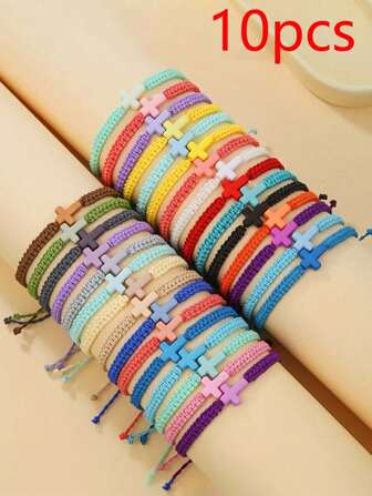 10pcs/1pc Morandi Colorful Cross Bracelet Set For Boys And Girls, Hand-Woven Adjustable Bracelet, Suitable For Daily Wear Or Gift Giving On The Beach Or Surfing
