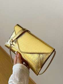 Vintage Textured Flap Crossbody Bag - Gold - View 3