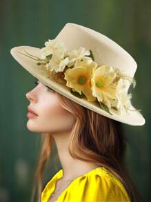 1pc Women's Fashion Wide Brim Hat Lake Blue Multicolor Floral Green Leaf Embroidery Elegant Sun Hat High Quality Straw Hat Wedding Holiday Mother's Day Gift Beach Sun Protection Straw Hat