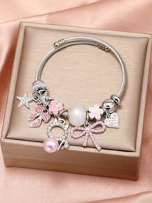 1pc Women's Acrylic Flower, Bow, Heart Beaded Stainless Steel Bracelet