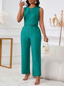 女士时尚休闲优雅无袖背心搭配侧袋纽扣长裤两件套夏季套装 - 孔雀藍 - 查看 5