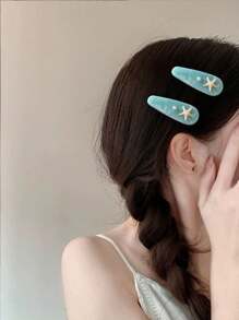 2pcs Women's Seawater Blue Shell & Starfish Acrylic Hair Clips, High-End Wavy Bangs And Messy Hair Clips ,Hair Accessory, Claw Clips, Clips For Hair, Hair Slide, Hair Claws