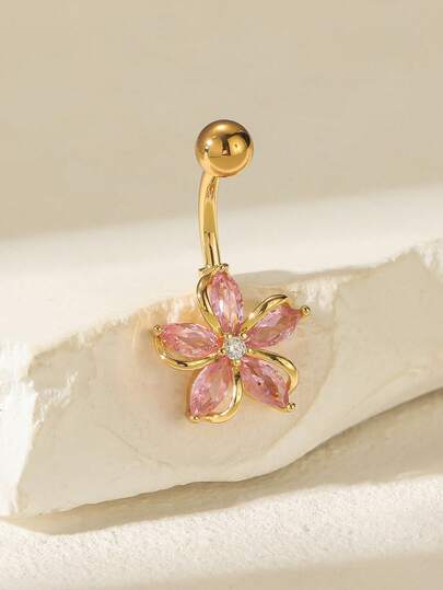 1 pieza Anillo de botón del ombligo plateado en cobre con circonita brillante con diseño floral, apropiado para que las mujeres lo usen en fiestas y ocasiones