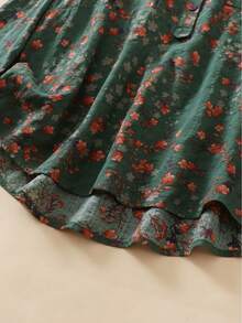 Women's Ditsy Floral Long Sleeve Casual Polo Collar Shirt, Versatile Office, Fall For Women, Olive Green - Green - View 5