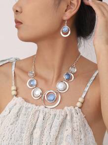 1pc Necklace 1 Pair Earrings Fashion Concentric Circle Jewelry Set, Bohemian Retro Unique Elegant Minimalist Blue Enamel Zinc Alloy, Suitable For Women Daily Wear, Party, Beach Holiday, Ideal Gift