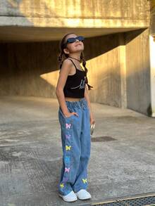 LONTAKIDS Girls Jeans Girls Clothing Butterfly Print Denim Elastic Wasit Wide Leg Pants Kids 7-16 Years - Medium Wash - View 4