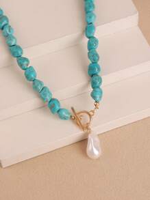 1pc Asymmetrical Turquoise & Faux Pearl Pendant Necklace For Women, Handmade Beaded Necklace With Varying Turquoise Patterns, Suitable For Everyday Wear